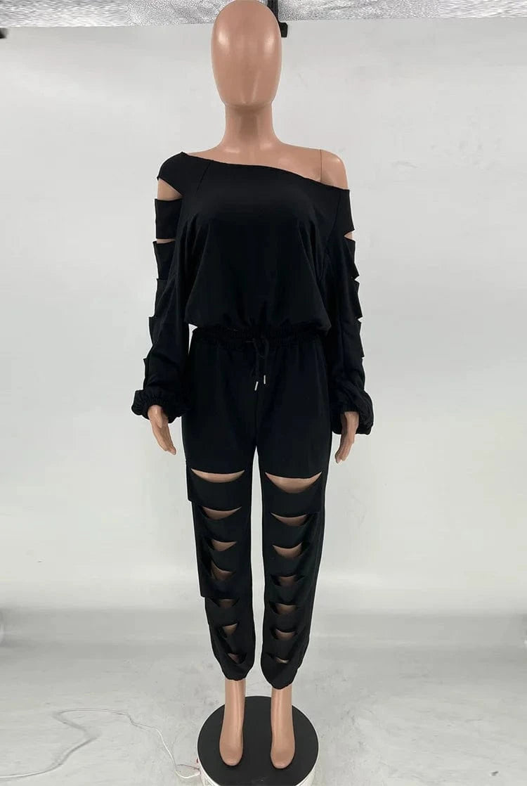Free Sample Elegant Cutout Holed Two 2 Piece Set Outfits Sloping Shoulder Crewneck Tracksuit Plain Long Sleeve Sweatsuit Set
