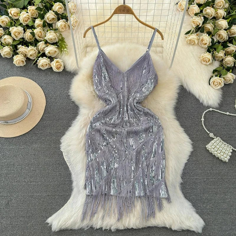 Free / silver Latin Dance Dress Women Sequined Tassel V-neck Bodycon Mini Party Dresses Solid Color Luxury French Clubwear Straps Dress