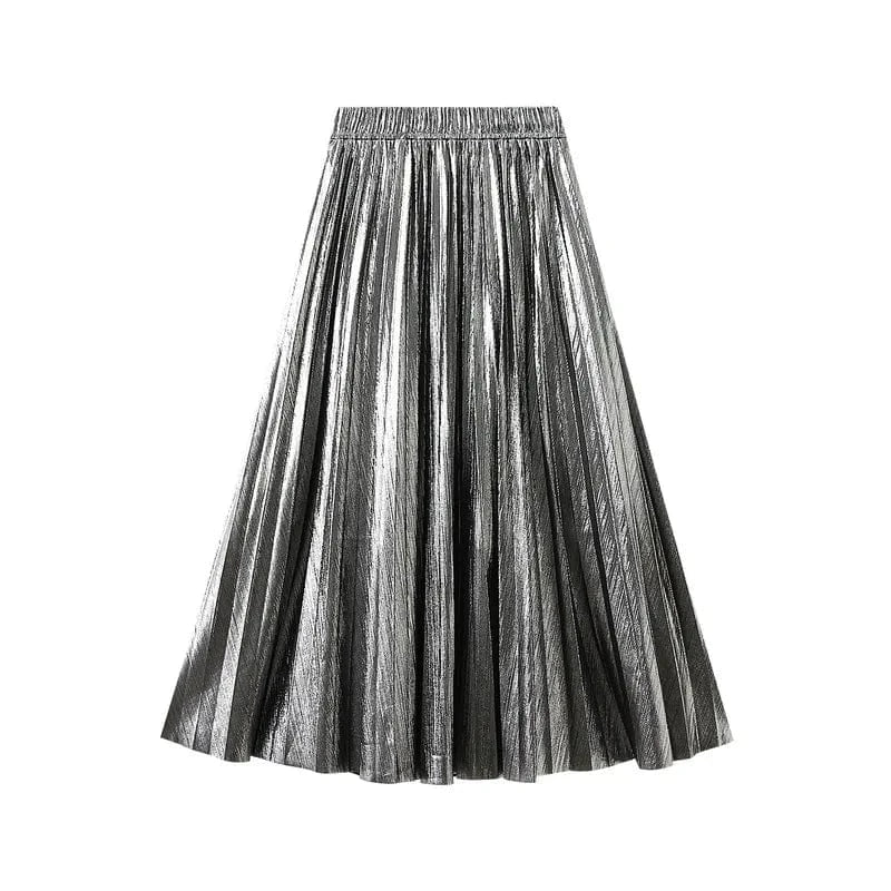 Free / silver Metal Color Pleated Maxi Skirt 2024 Spring Elastic High Waist Harajuku Large Swing Gold Long Skirts For Women Saias