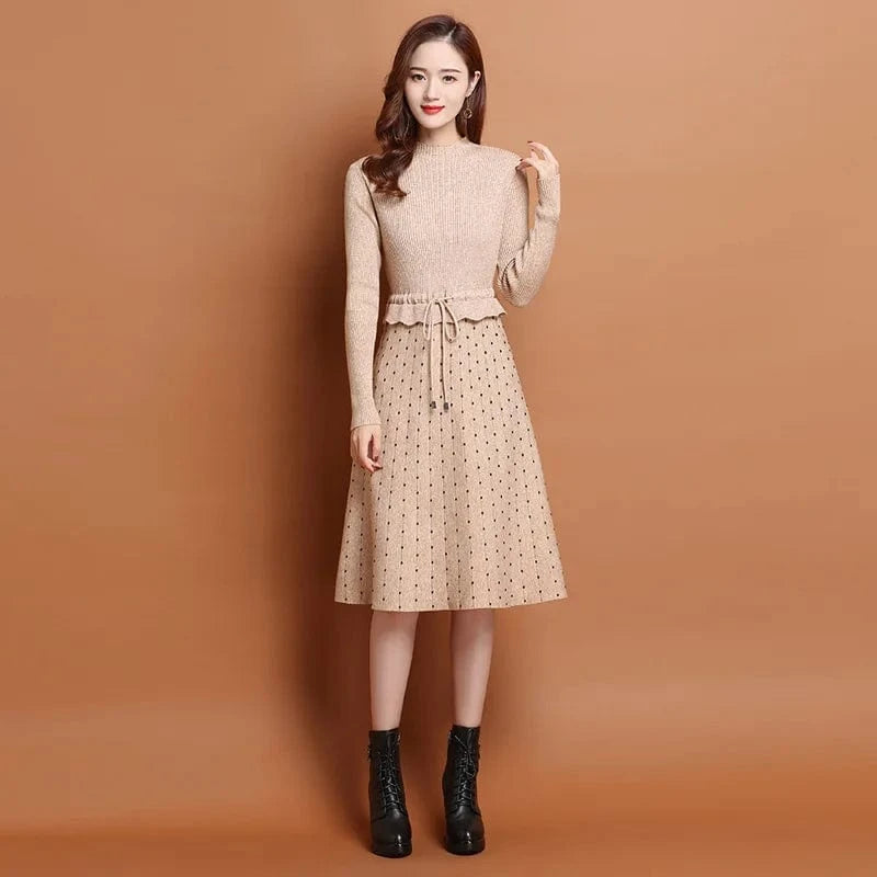 Free Size / apricot 2024 autumn winter new arrival fashion women high neck long sleeve slim fit collect waist soft women sweater dress