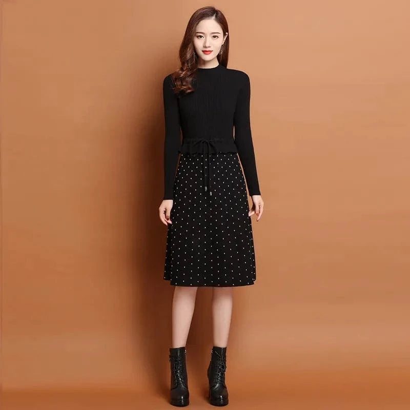 Free Size / Black 2024 autumn winter new arrival fashion women high neck long sleeve slim fit collect waist soft women sweater dress