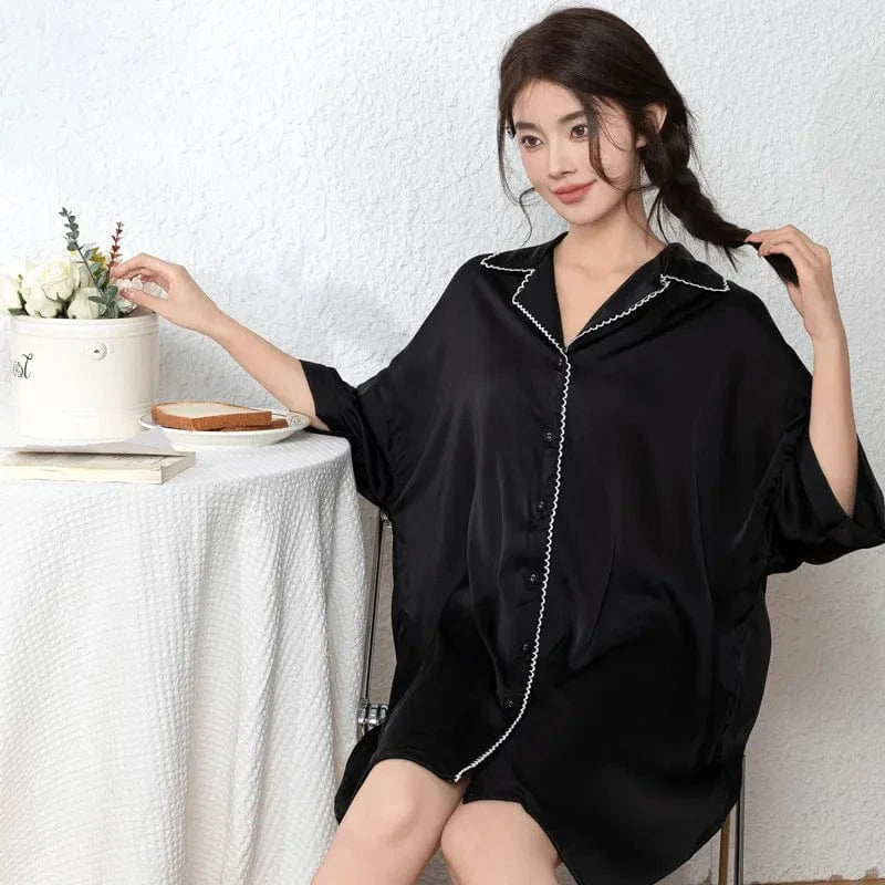 Free size / Black 2024 spring/summer new lapel ladies pajamas shirt open button nightdress silk solid color nightgown elegant plus size sleepwear