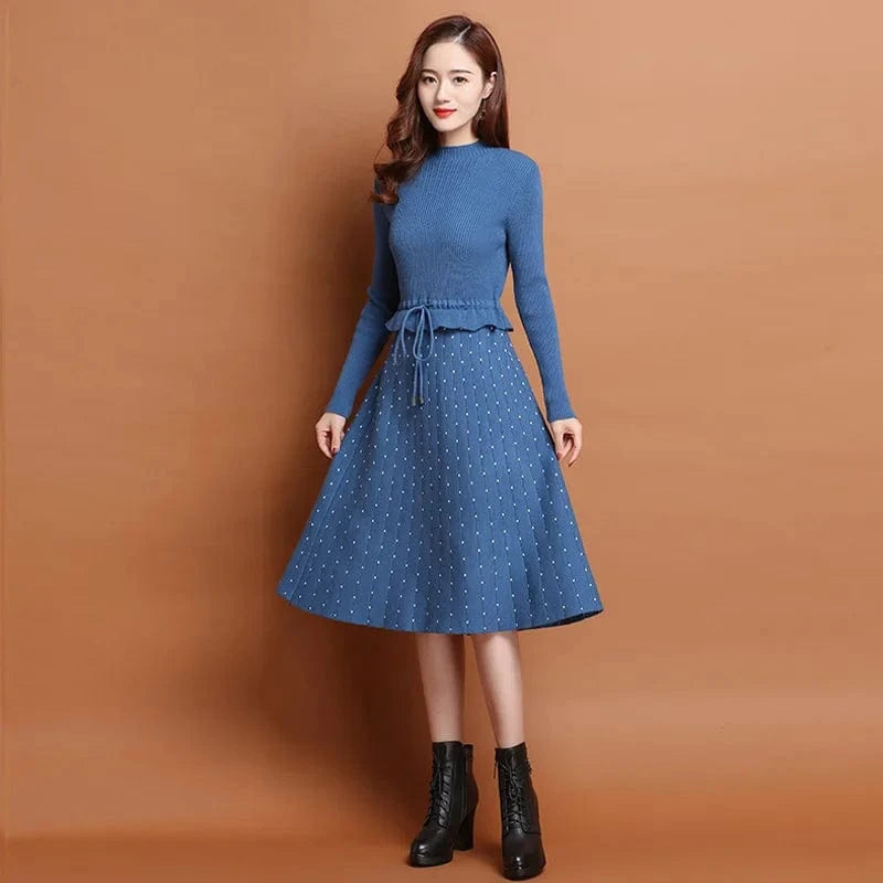 Free Size / Blue 2024 autumn winter new arrival fashion women high neck long sleeve slim fit collect waist soft women sweater dress