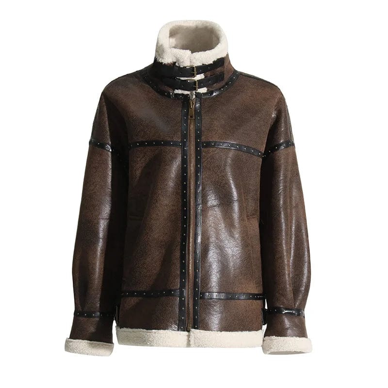 FREE SIZE / Brown OUDINA French Style Lamb Fur Jacket  Autumn And Winter New Stitching Lace-up Vintage Leather Jackets For Women 2024