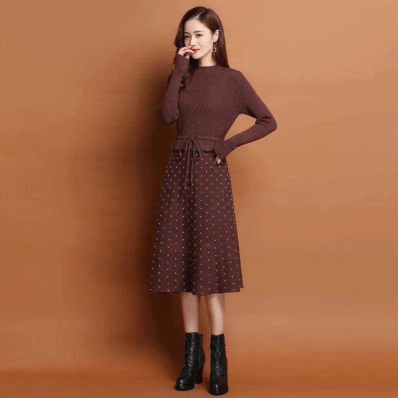 Free Size / coffee 2024 autumn winter new arrival fashion women high neck long sleeve slim fit collect waist soft women sweater dress