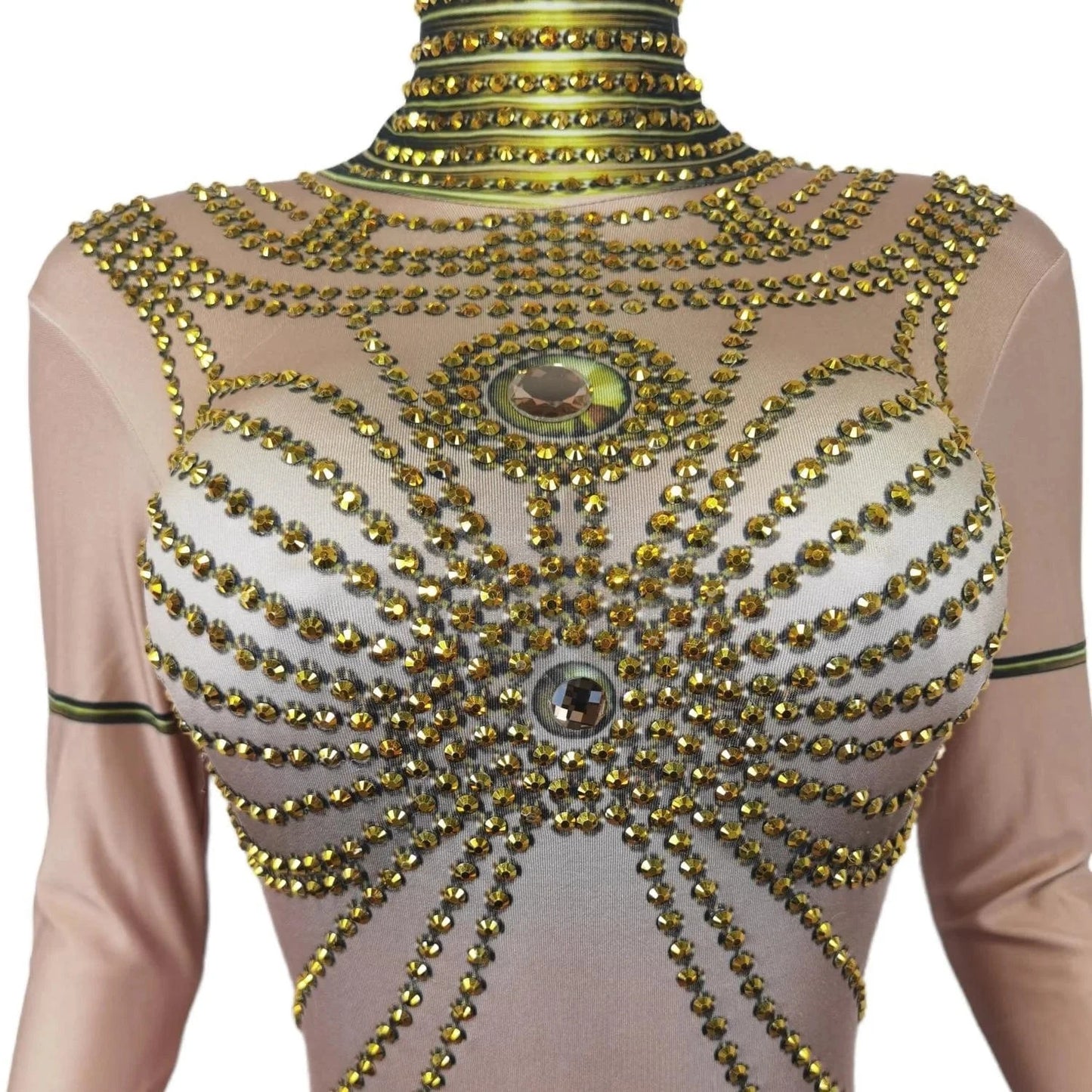 Free Size / Golden Fashion Long Sleeves Egypt Cosplay Show Stage Performance Costume Dance Leotard Lady Rompers Women Sexy Gold Rhinestone Jumpsuit