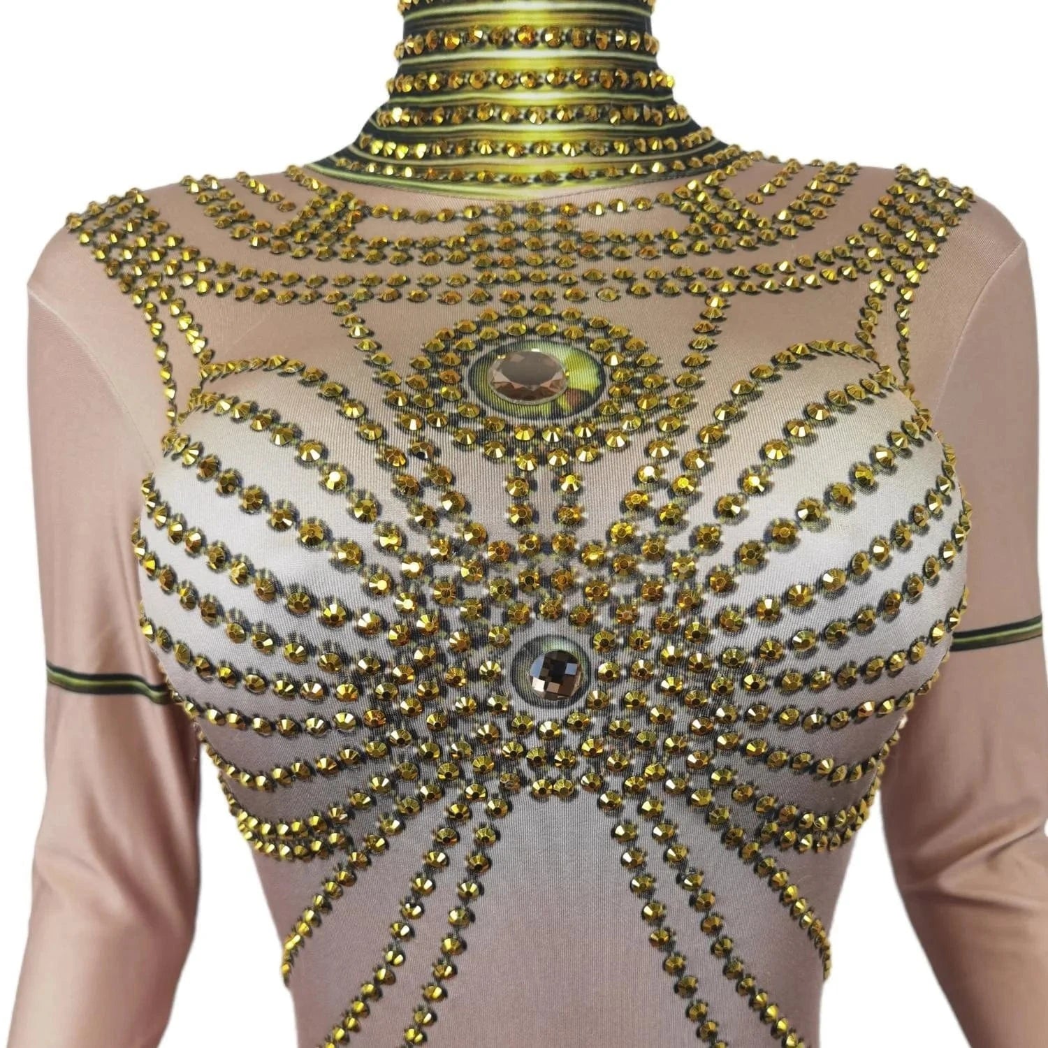 Free Size / Golden Fashion Long Sleeves Egypt Cosplay Show Stage Performance Costume Dance Leotard Lady Rompers Women Sexy Gold Rhinestone Jumpsuit
