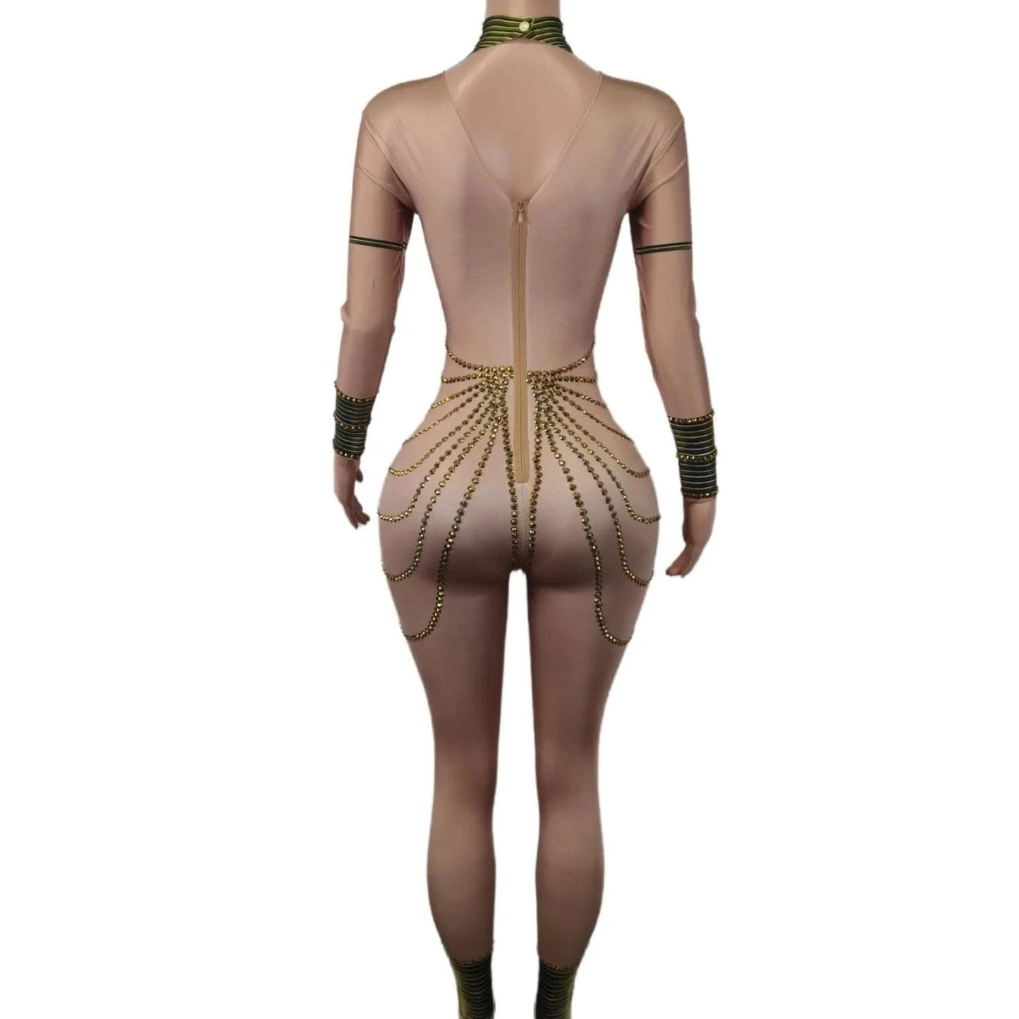 Free Size / Golden Fashion Long Sleeves Egypt Cosplay Show Stage Performance Costume Dance Leotard Lady Rompers Women Sexy Gold Rhinestone Jumpsuit