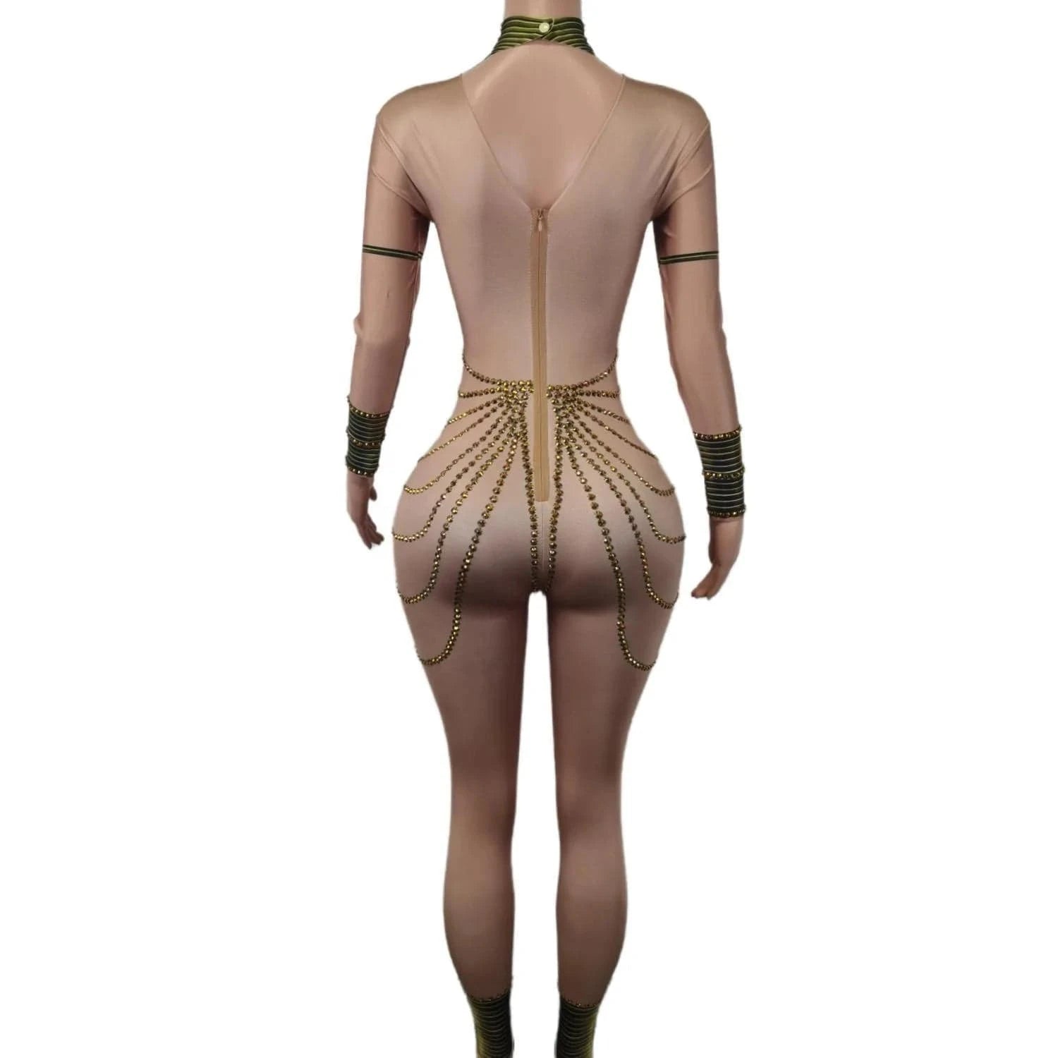 Free Size / Golden Fashion Long Sleeves Egypt Cosplay Show Stage Performance Costume Dance Leotard Lady Rompers Women Sexy Gold Rhinestone Jumpsuit