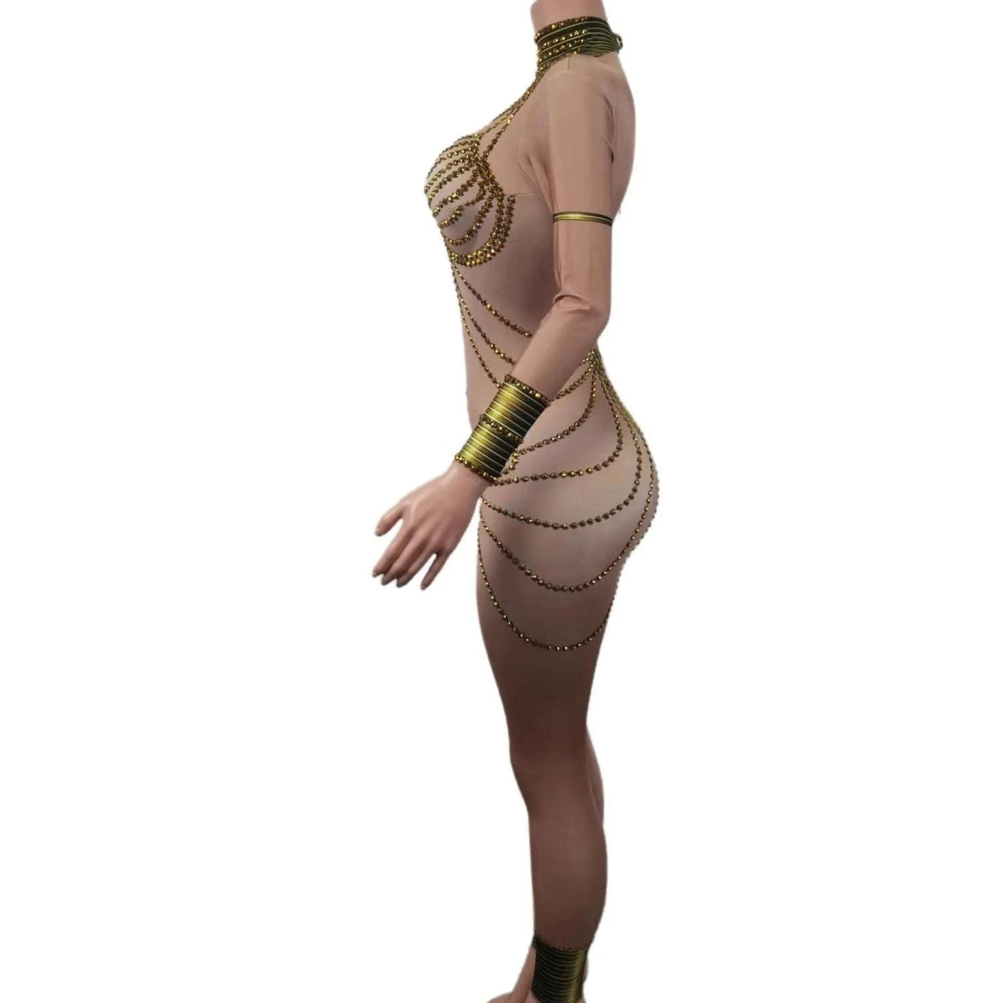 Free Size / Golden Fashion Long Sleeves Egypt Cosplay Show Stage Performance Costume Dance Leotard Lady Rompers Women Sexy Gold Rhinestone Jumpsuit