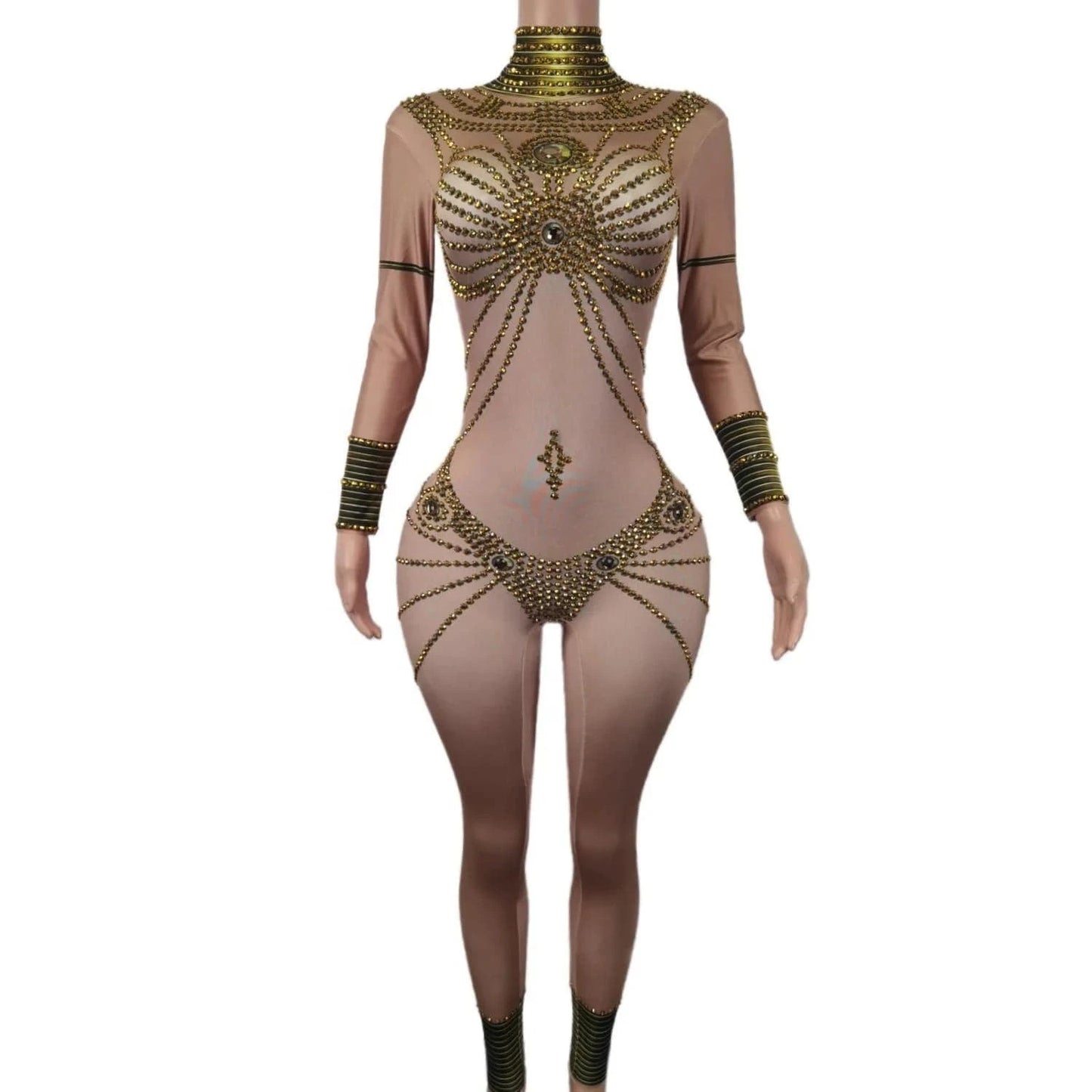 Free Size / Golden Fashion Long Sleeves Egypt Cosplay Show Stage Performance Costume Dance Leotard Lady Rompers Women Sexy Gold Rhinestone Jumpsuit