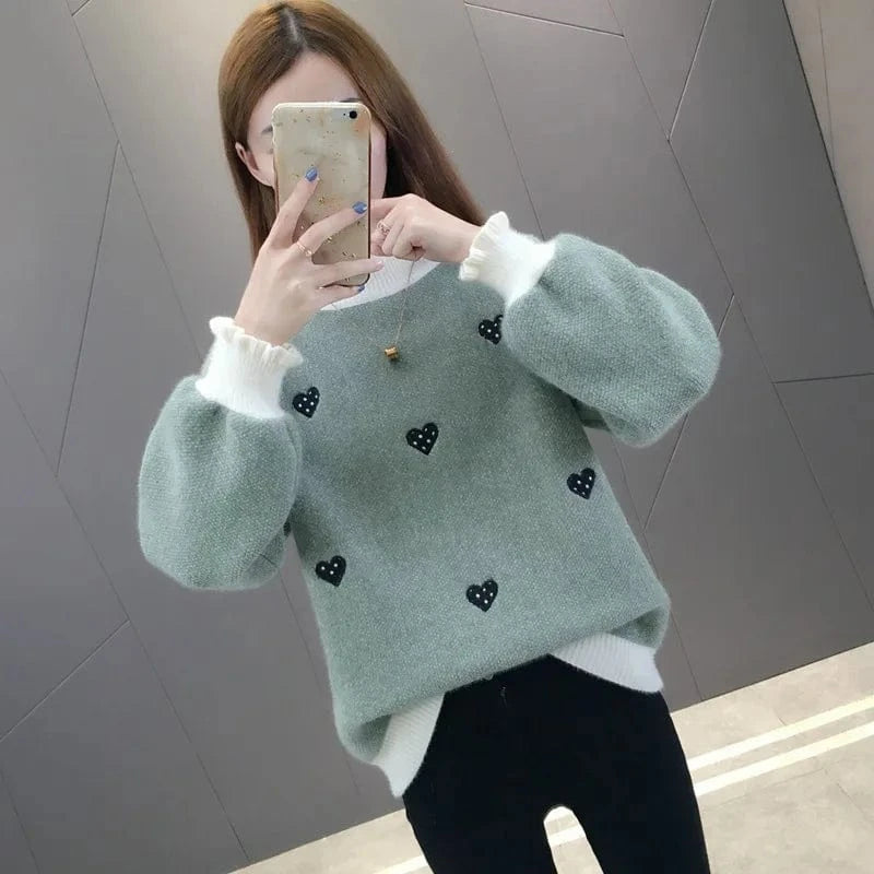 Free / Sky Blue 2024 Winter New arrival Lovely girls middle high neck long sleeve loose fit heart shape embroidery chenille Sweater