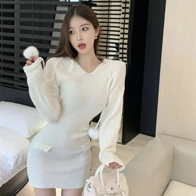 Free / White 2024 autumn new arrival ladies long sleeve body fit sexy short sweater dress