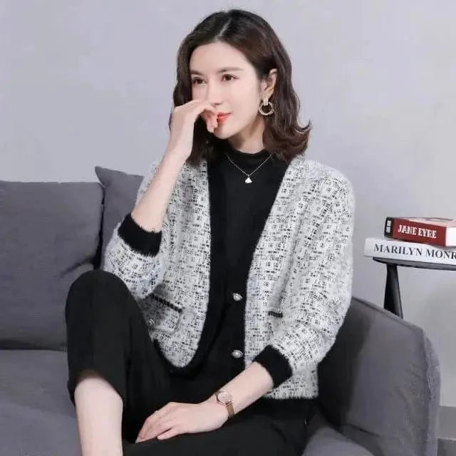 Free / White 2024 autumn winter new arrival deep v neck open chest button decorative mohair sweater coat