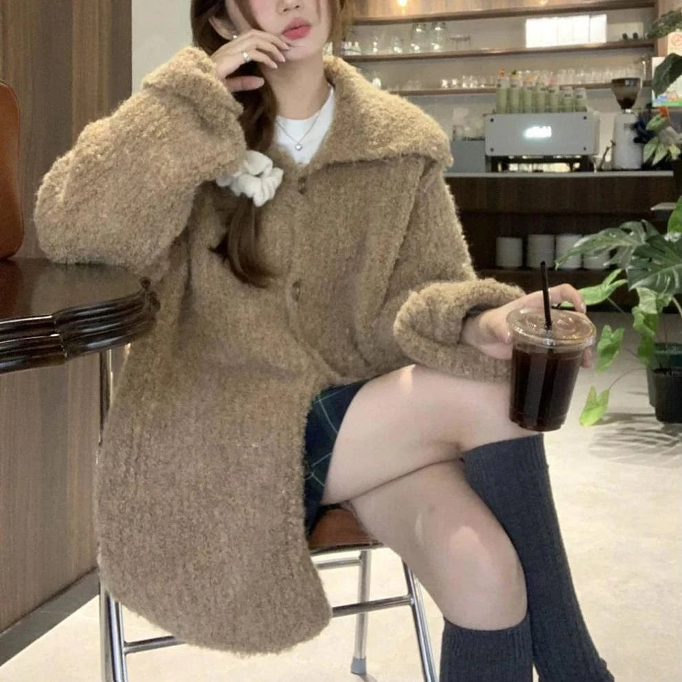 Free / White 2024 Fashionable woman new arrival crew neck big lapel long sleeve oversize cardigan sweater coat