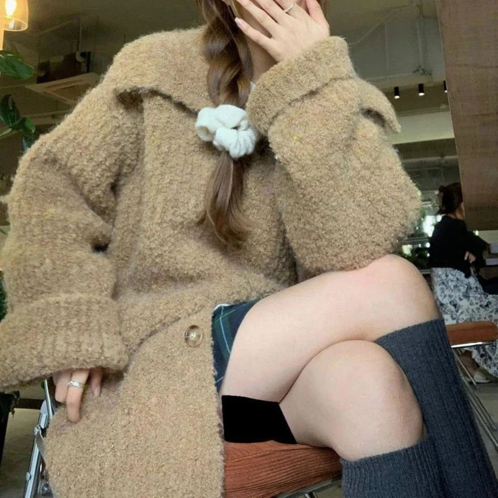 Free / White 2024 Fashionable woman new arrival crew neck big lapel long sleeve oversize cardigan sweater coat