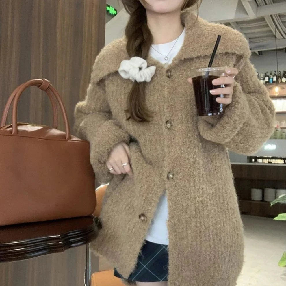 Free / White 2024 Fashionable woman new arrival crew neck big lapel long sleeve oversize cardigan sweater coat
