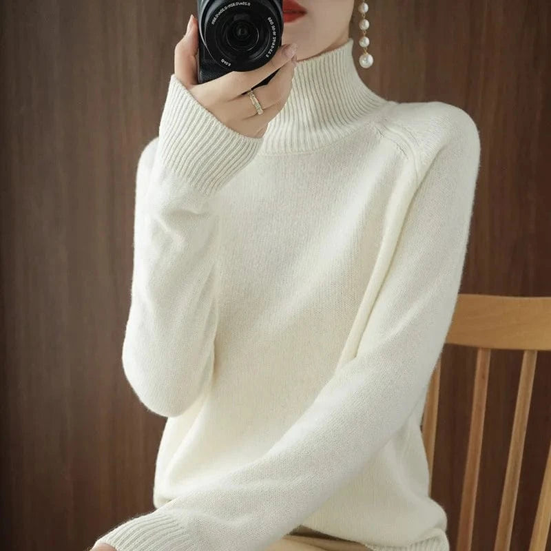 Free / White 2024 new arrival fashion lady mock collar long sleeve slim fit free size plain cashmere sweater