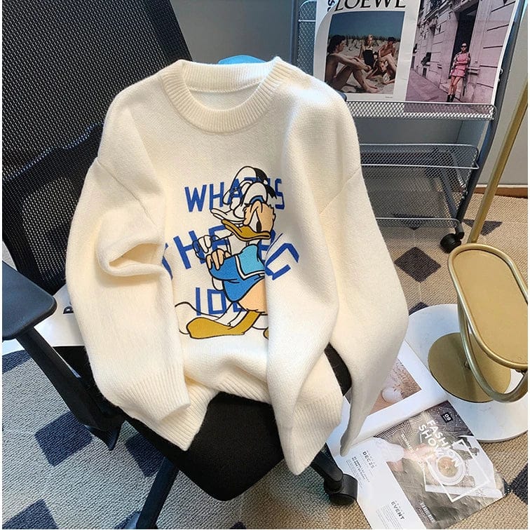 Free / White 2024 Spring fashionable women crew neck long sleeve oversize cartoon duck jacquard pullover sweater