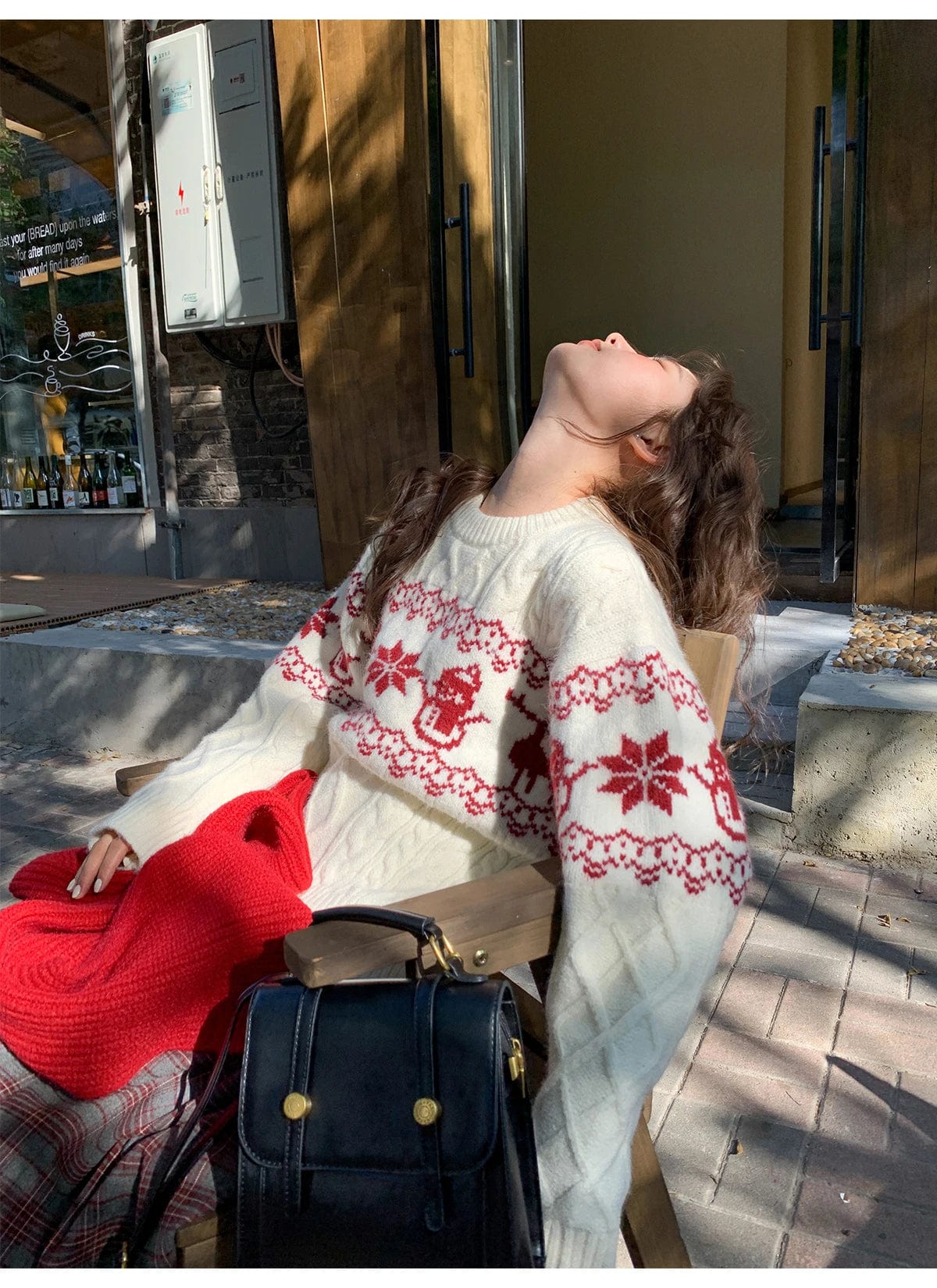 Free / White 2024 Spring new arrival neck long sleeve loose christmas  new year jacquard sweater jumper