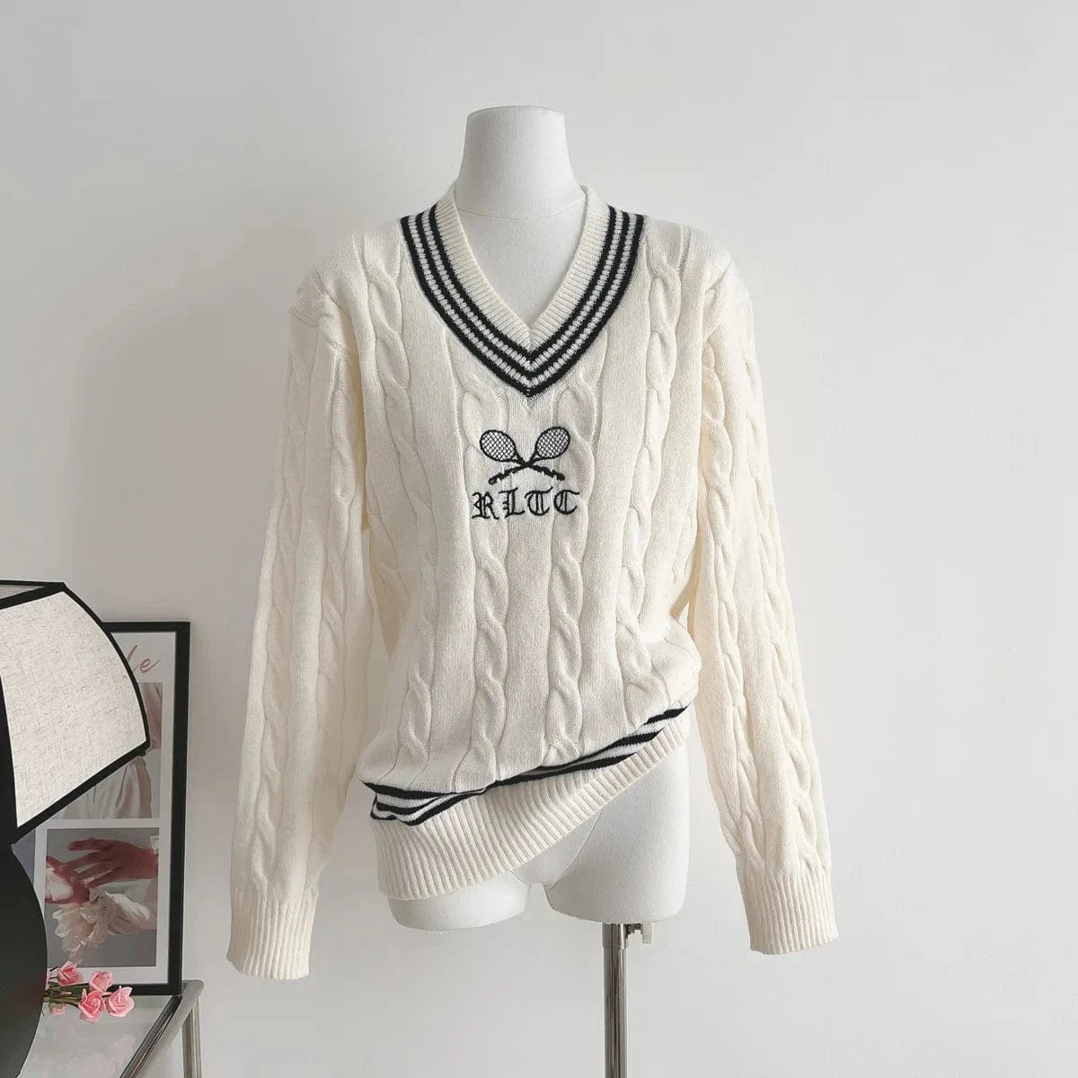 Free / White 2024 Spring women new arrival crew neck long sleeve loose print cable knit pullover sweater jumper