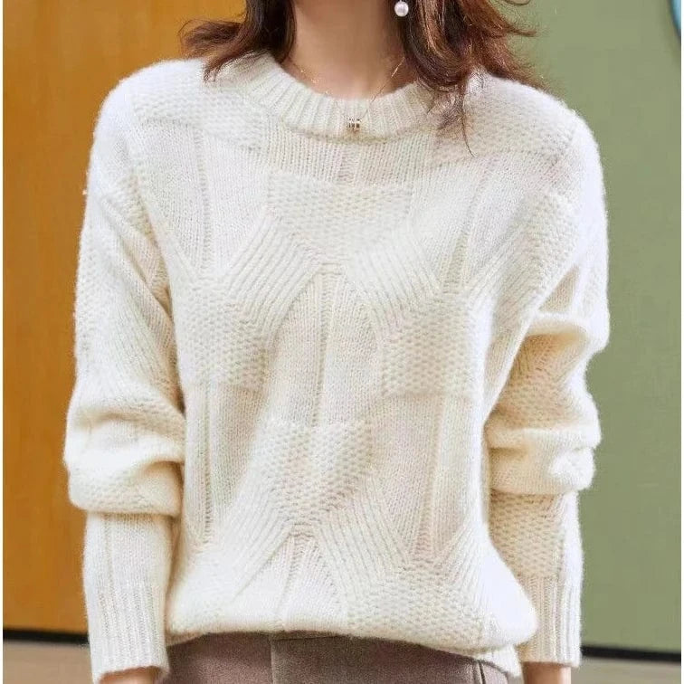 Free / White 2024 Spring women new arrival crew neck solid color long sleeve oversize cable knit pullover sweater jumper