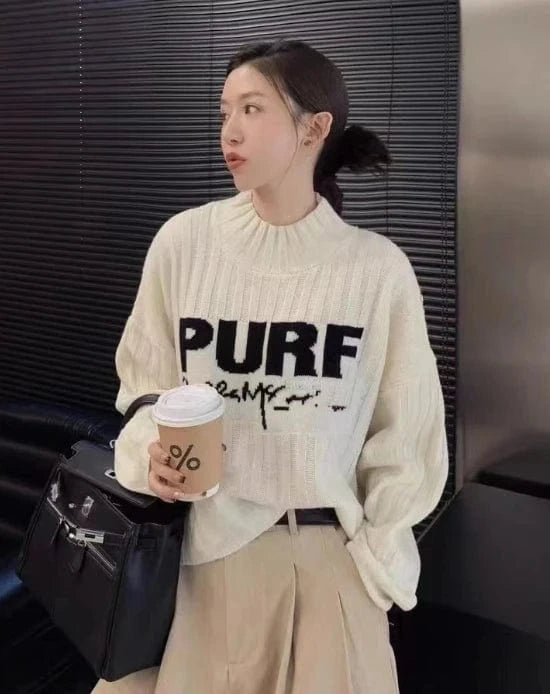 Free / White 2024 Spring women new arrival mock neck long sleeve loose  letter cable knit pullover sweater jumper