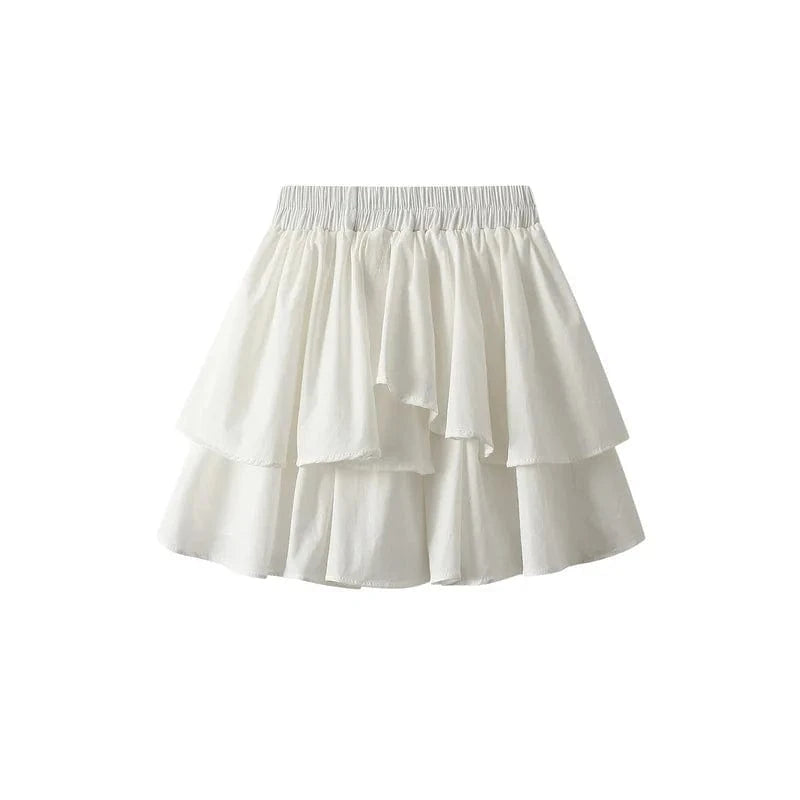 Free / White 2024 Summer Y2K Kawaii Short Mini Skirt Woman Solid Color Ruffles Japanese Style Elastic Waist A-line Skirts for Girls