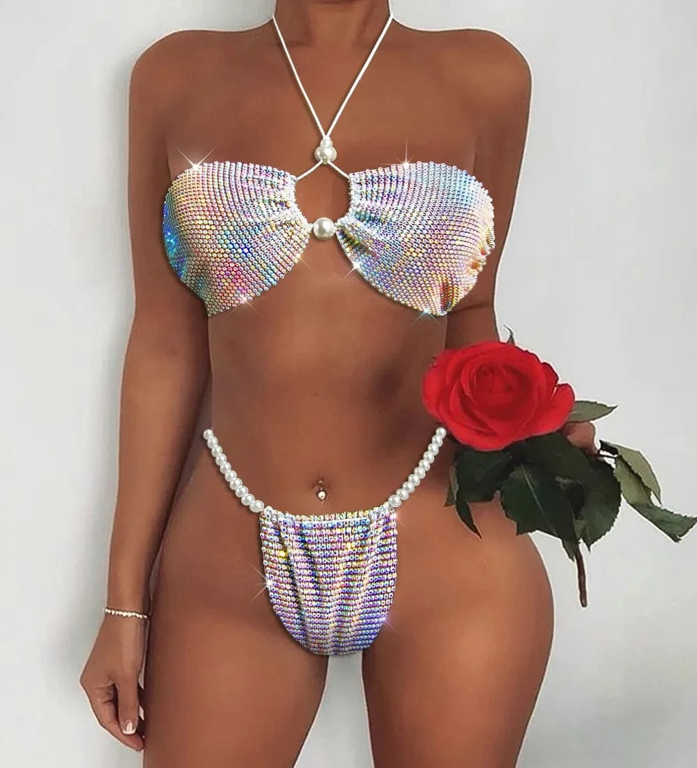 Free / white AB color Sexy Particles Hot Diamonds Chest Triangle Rhinestones Pearl Bikini Sexy Babes Bikini Beachwear Women's Two-piece Bra Set