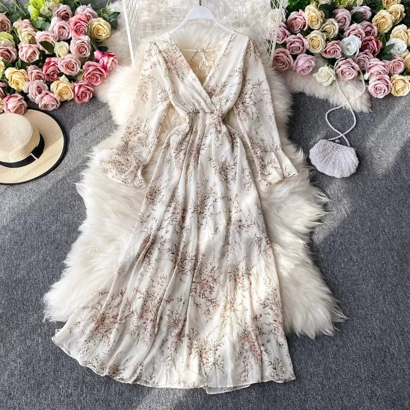 Free / White ANSZKTN New Korean Style Floral Print Long Sleeve Casual A Line V Neck Dresses Women Lady Elegant