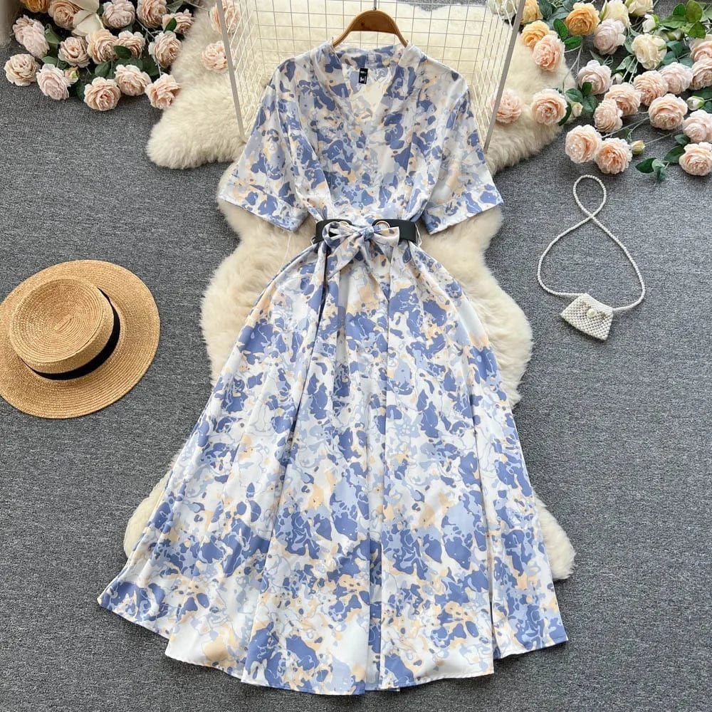 Free / White ANSZKTN Summer  Shirt Dress Women Printed Waist Wrapped Over Knee Large Swing Celebrity Fragmented Flower Long Dress