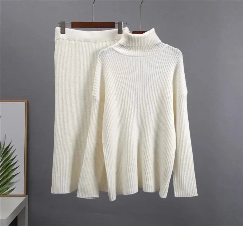 Free / White Autumn and winter fashion new lazy knitting suit ladies pit striped half-body skirt  turtleneck sweater loose warm two-piece set