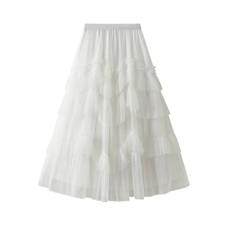 Free / White Black Patchwork Mesh Skirt For Women High Waist Casual Ball Gown Skirts Female Fashion New Clothes 2024 Spring