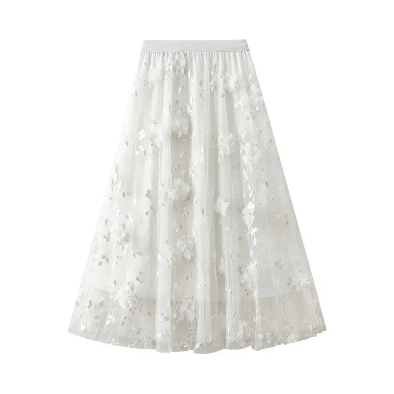Free / White Floral Beautiful Long Midi Pleated Skirt Women Dance Cute Sweet Elastic Waist A-line Skirts for Womans