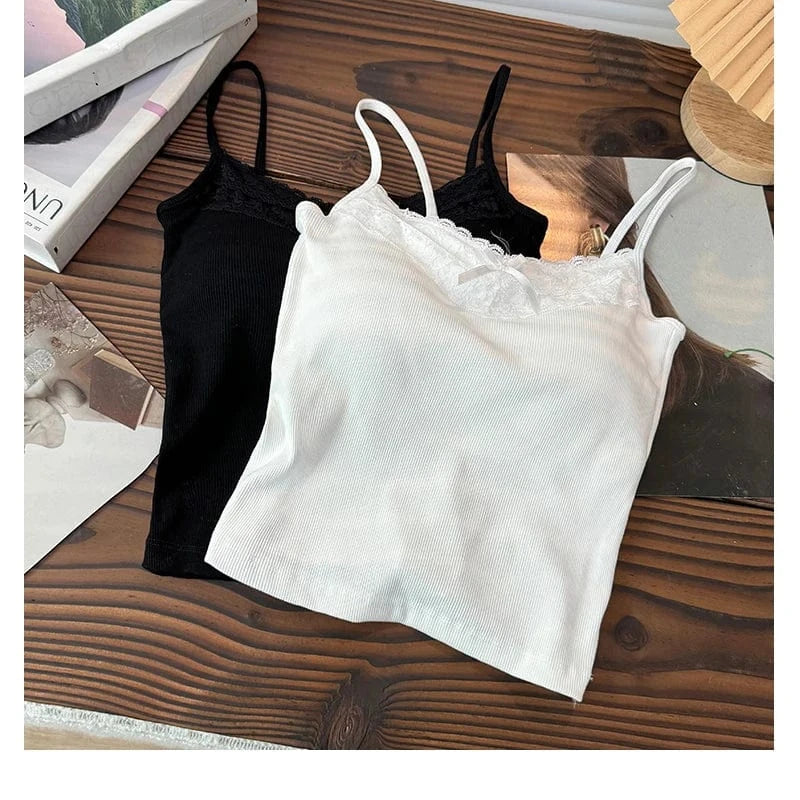 Free / White Lace Patchwork Sweet Straps Tank Top Women Bow Basic Underwear 2024 Spring Summer Outwear Camis Female Beauty Back Bras
