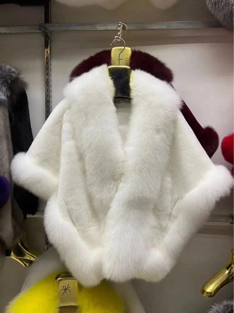 Free / White MWFur Luxury Women Natural Fox Fur Trimmed Rex Rabbit Fur Shawl for Party Thick Warmer Winter Fur Wedding Wrap for Adult