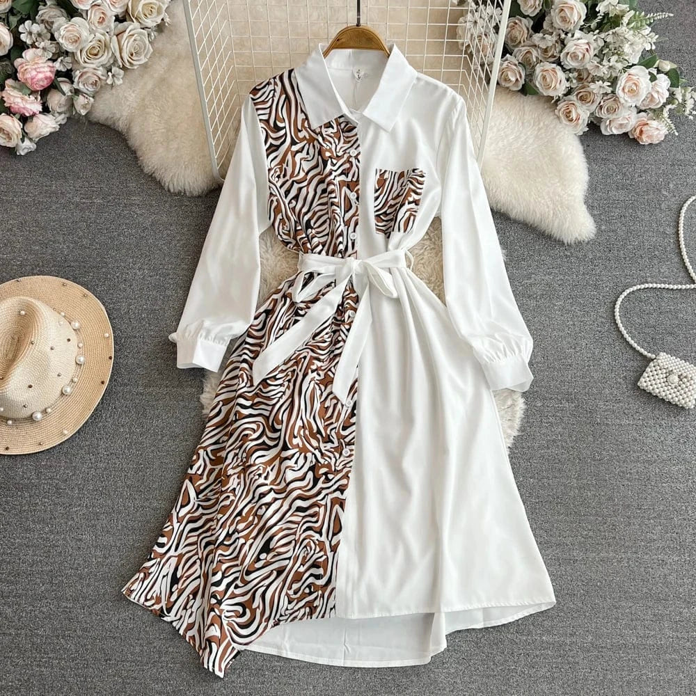 Free / White New 2024 Korean Chic Patchwork Long Sleeve Dress Women Dresses