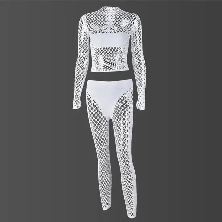 Free / White Sexy Hollow Out Two Piece Sets Night Club Outfits For Women 2024 Spring Long Sleeve See Through Crop Top Pants Sets