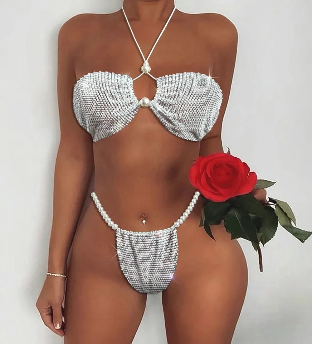 Free / White Sexy Particles Hot Diamonds Chest Triangle Rhinestones Pearl Bikini Sexy Babes Bikini Beachwear Women's Two-piece Bra Set