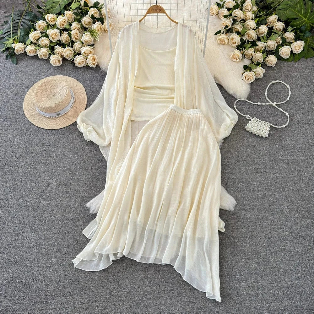 Free / White Spring New Sunscreen Cardigan Knitted Camisole Vest High Waist Slimming A-line Skirt Women's Set