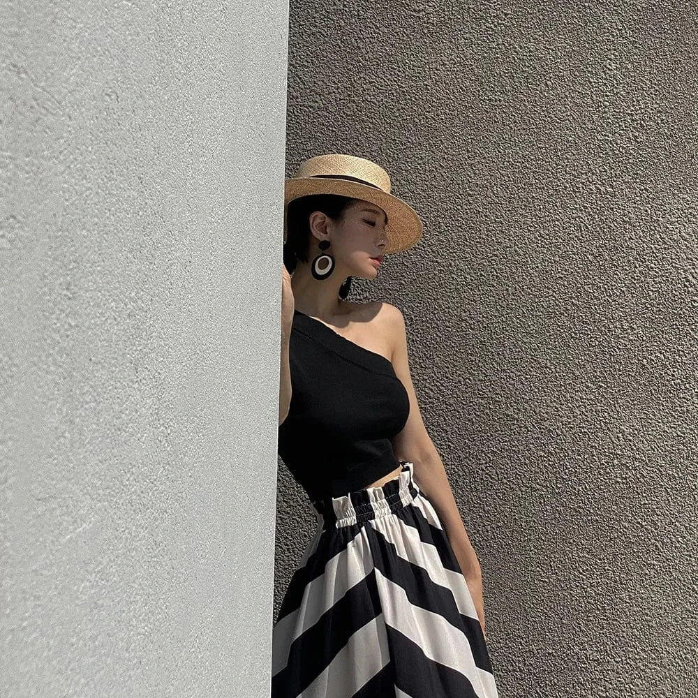 Free / White Vintage Maxi Skirt Midi  Long  for Women Korean Style Falda Larga Irregular Striped  Goth Mujer Moda 2024 New