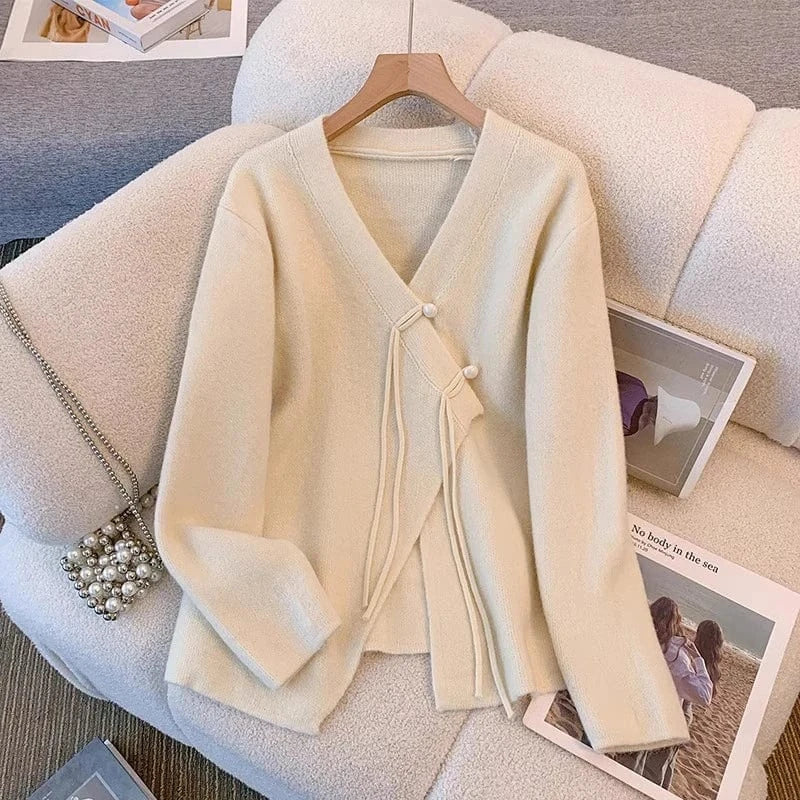 Free / White Women's sweater cardigan women 2024 new coat senior sense fashion V-neck long sleeve loose knit top