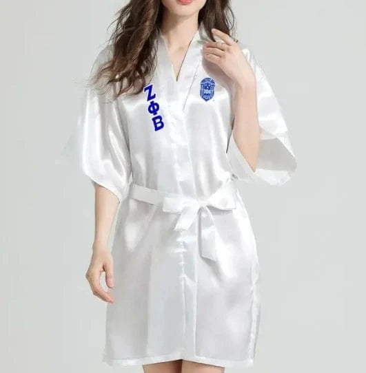 Free / White zpb / Polyester / Cotton Sorority Fraternity Greek ZETA PHI BETA Silk Bathrobe Lace Satin ZPB Free Size Clothes Robe