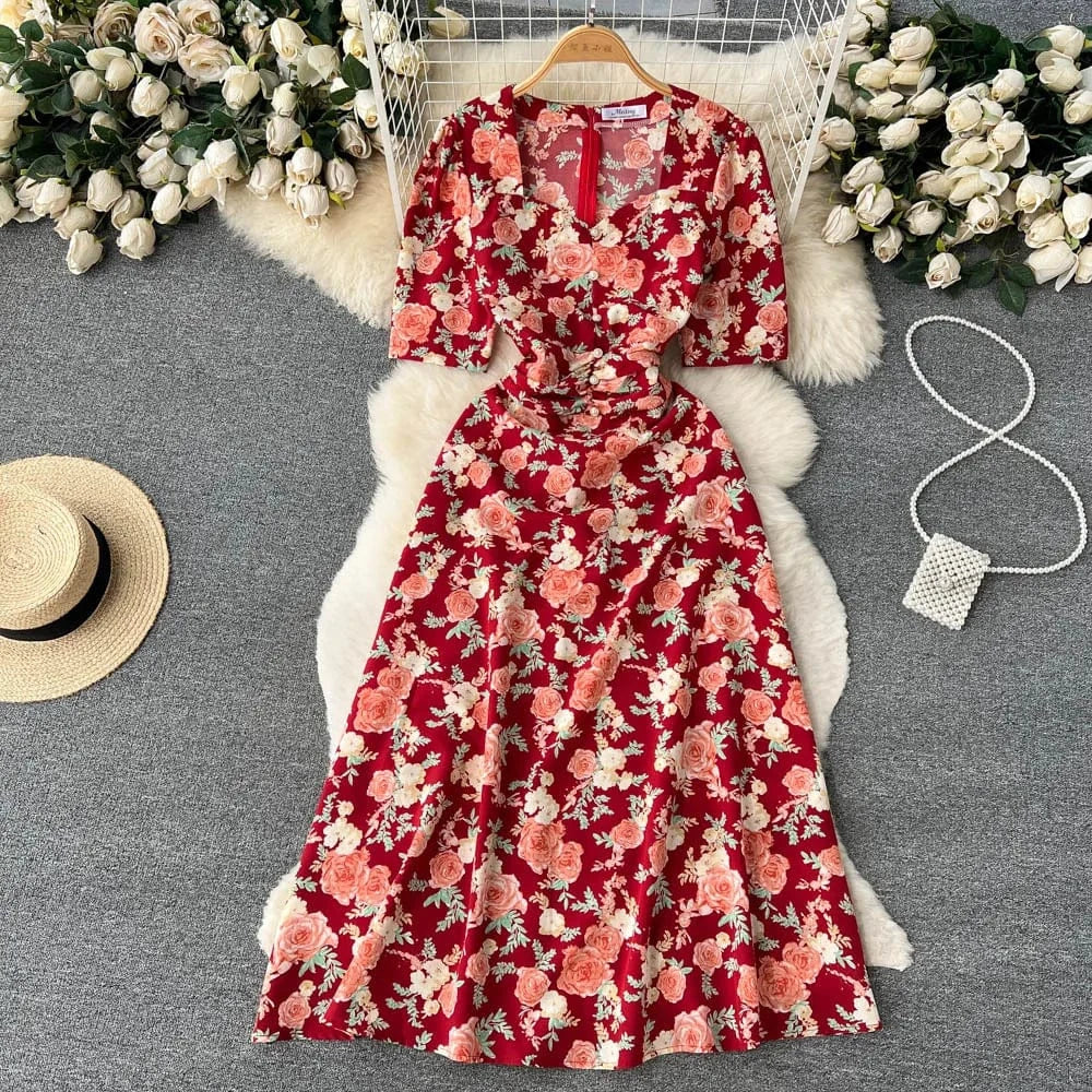 Free / wine red Customized Korean Retro Floral Mid Length Slim Fit Holiday Summer Dress