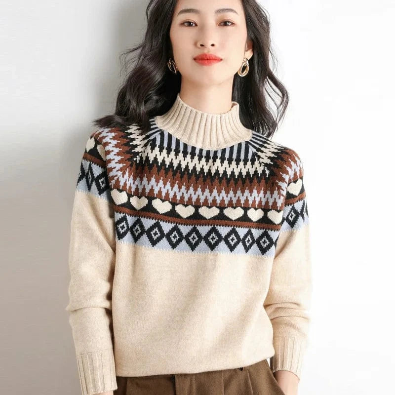 Free / xingse Women's Sweaters 2024 Winter New Women Sweater Half High Neck Thickened Loose Retro Color Block Knitted Bottom