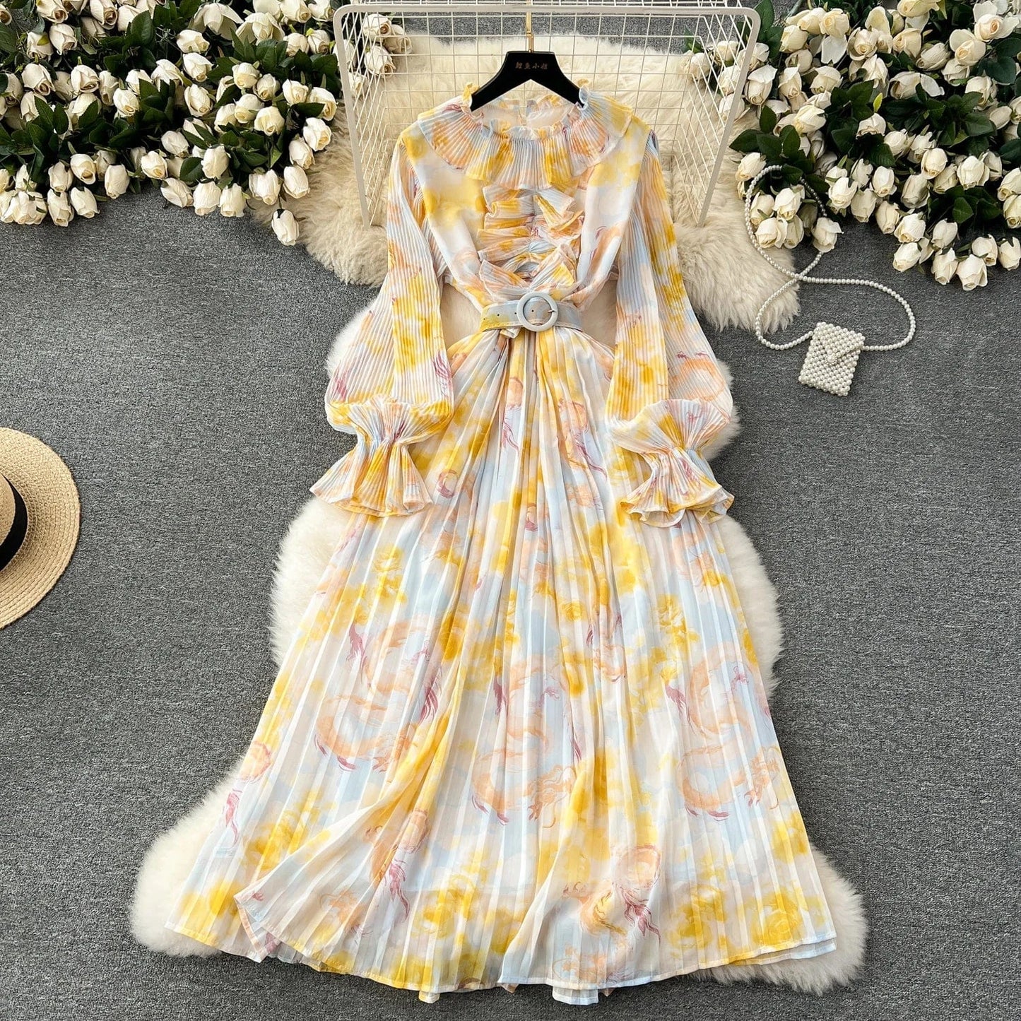Free / Yellow 2024 New Dress Women's Sweet Auricularia Ruffle Collar Slim Fit Mid length Printed Chiffon Pleated Skirt