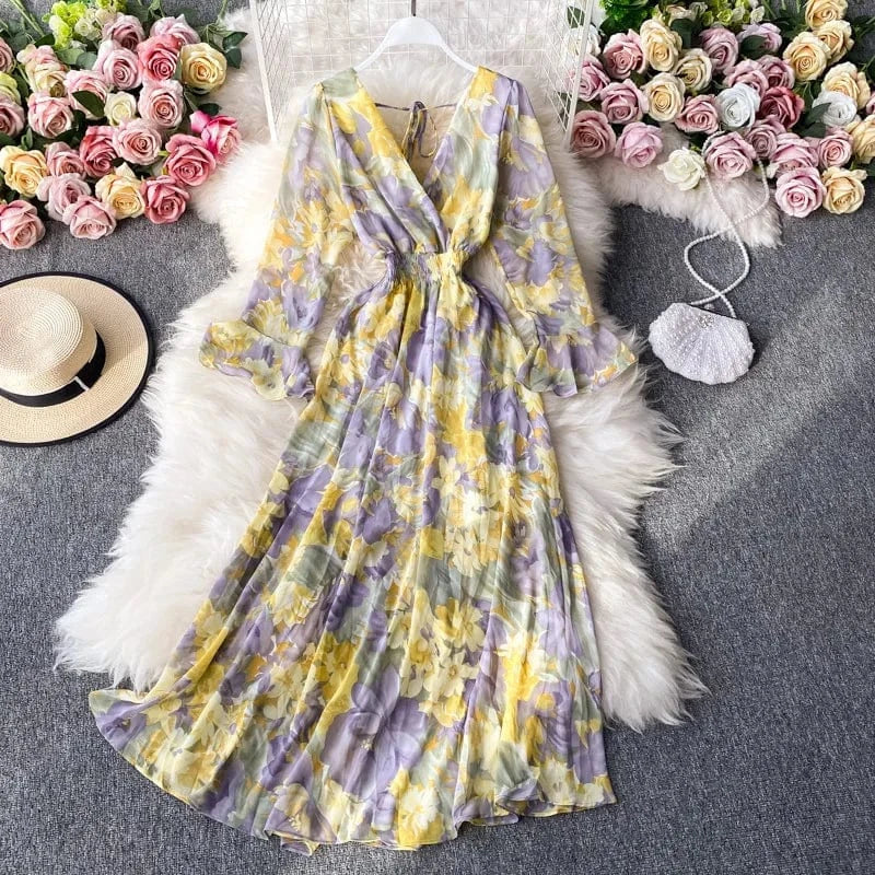 Free / Yellow ANSZKTN New Korean Style Floral Print Long Sleeve Casual A Line V Neck Dresses Women Lady Elegant