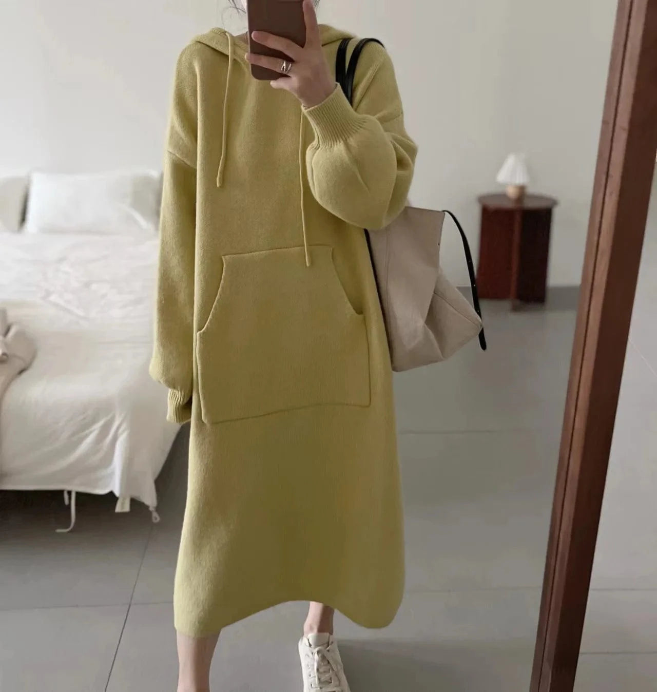 Free / Yellow Lady Autumn Casual Hooded Dress Oversized Sweatshirt  Long Sleeve Loose Pocket Split Sweater Dress For Women