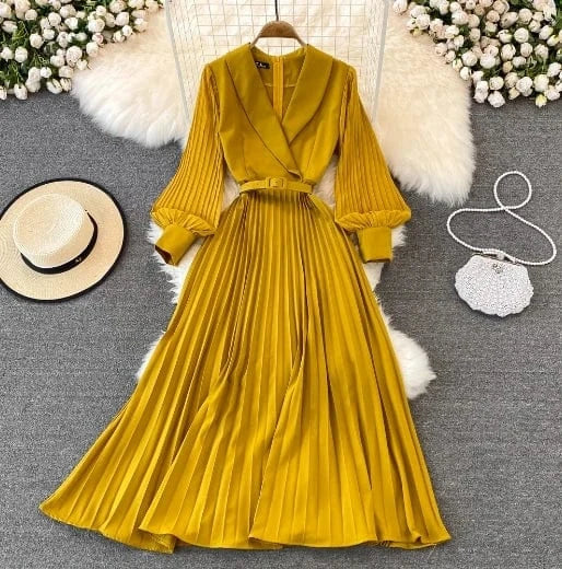 Free / Yellow Liu Ming Elegant Elegant 2024 Streetwear Women Y2K Retro Sexy Casual Zipper Solid V Neck High Waist Pleated A Line Dress