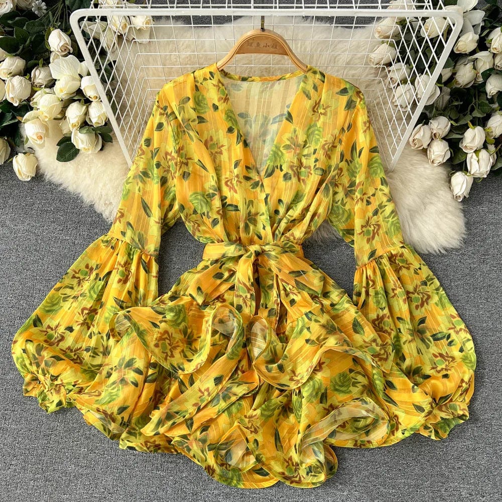 Free / Yellow New Summer Trend High Waisted Casual Long Sleeve Korean V-neck Sexy Floral Dress For Women 2024